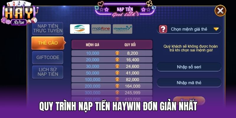 Quy trình nạp tiền Haywin đơn giản nhất